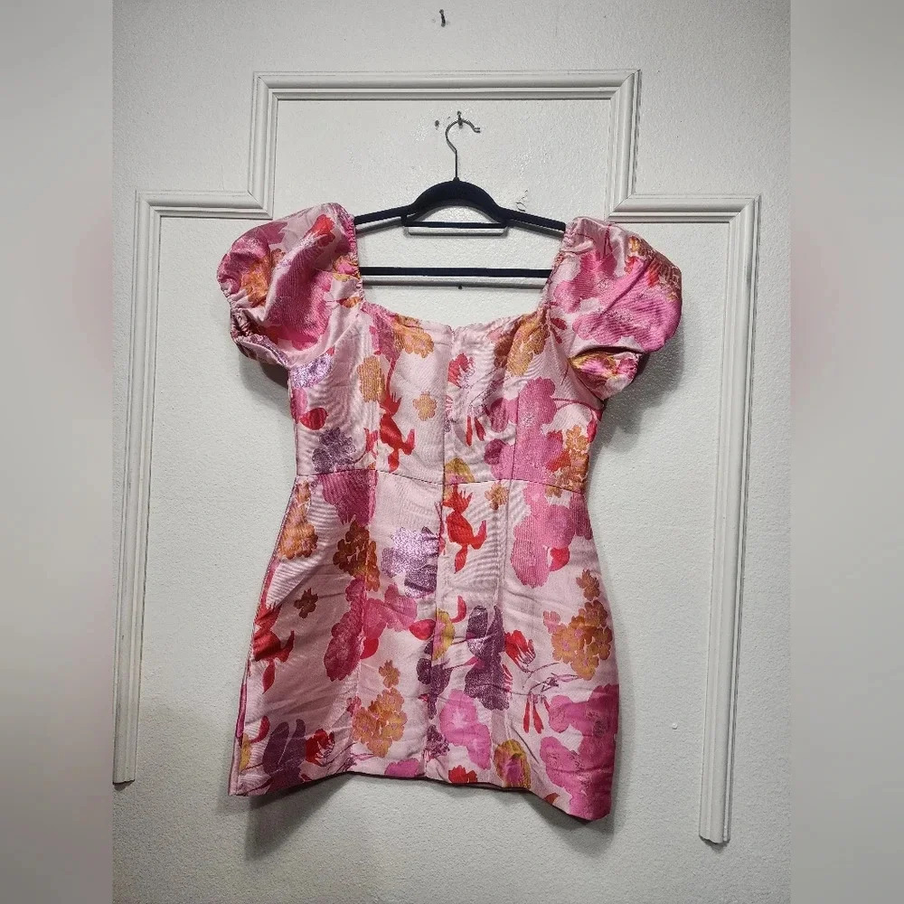 Lulus So Stunning Orange Multi Floral Jacquard Puff Sleeve Mini Dress Party - Picture 9 of 9